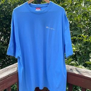 VTG 80s 90s CHAMPION Periwinkle Blue Embroidered Spell-out Small Script Shirt XL